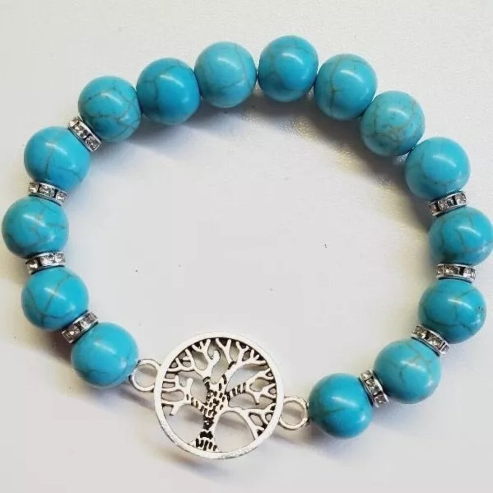 Turquoise Stone Tree Of Life Beaded Stretch Bracelet